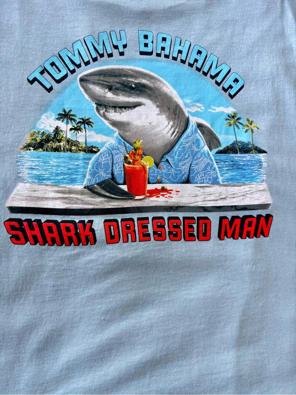 NWT Tommy Bahama Shark Dressed Man T-Shirt Mens Medium Blue Stream Beach Graphic
